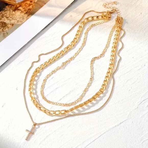 Gold Layered Chain Necklace Cross Pendant Choker Statement Fashion Faith Jewelry - Picture 3 of 6